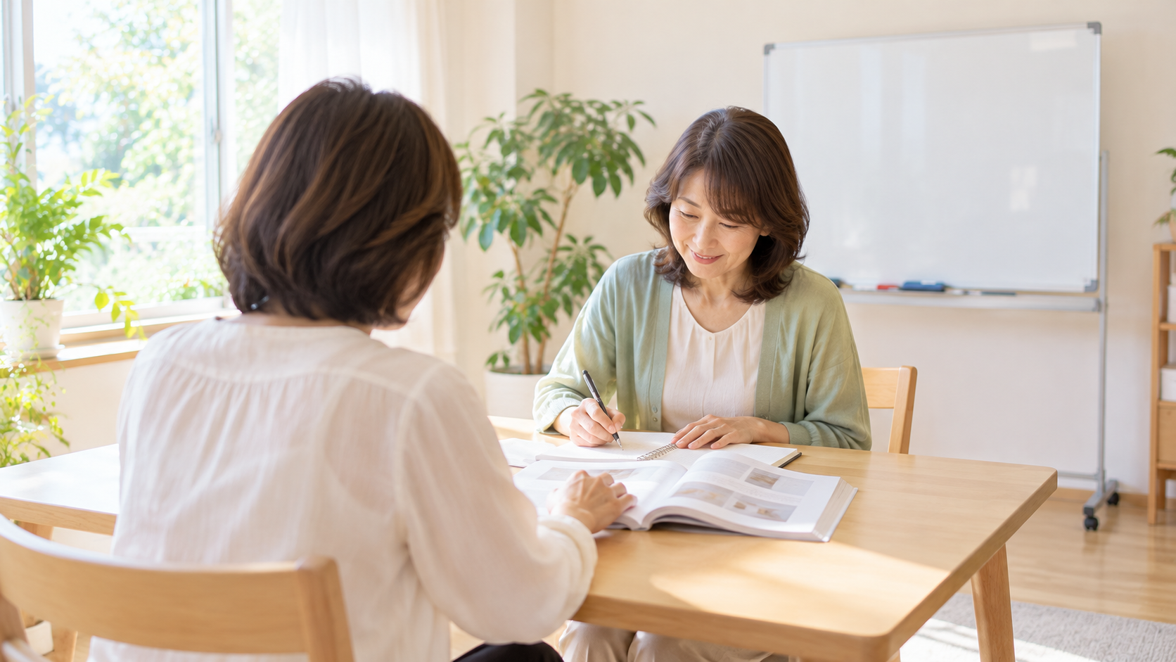 団体に属さない福岡の個人レイキスクールで、講師と一対一で学ぶ様子