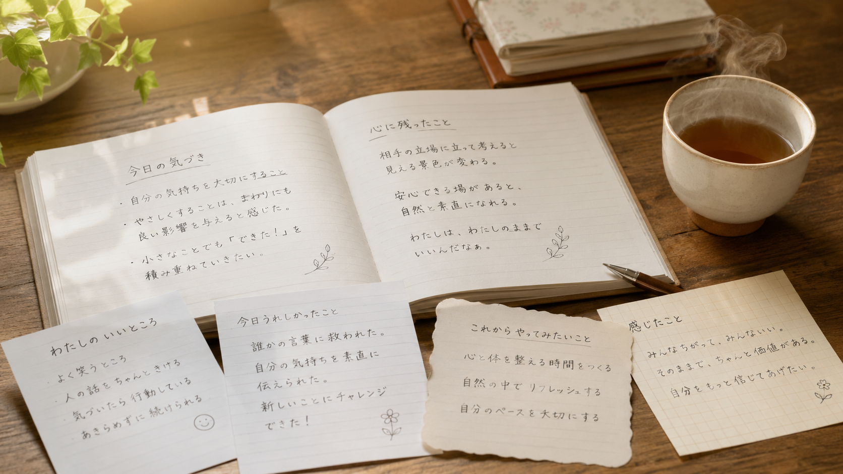 福岡のレイキ講座を続けた受講生さまの振り返りノートのある机