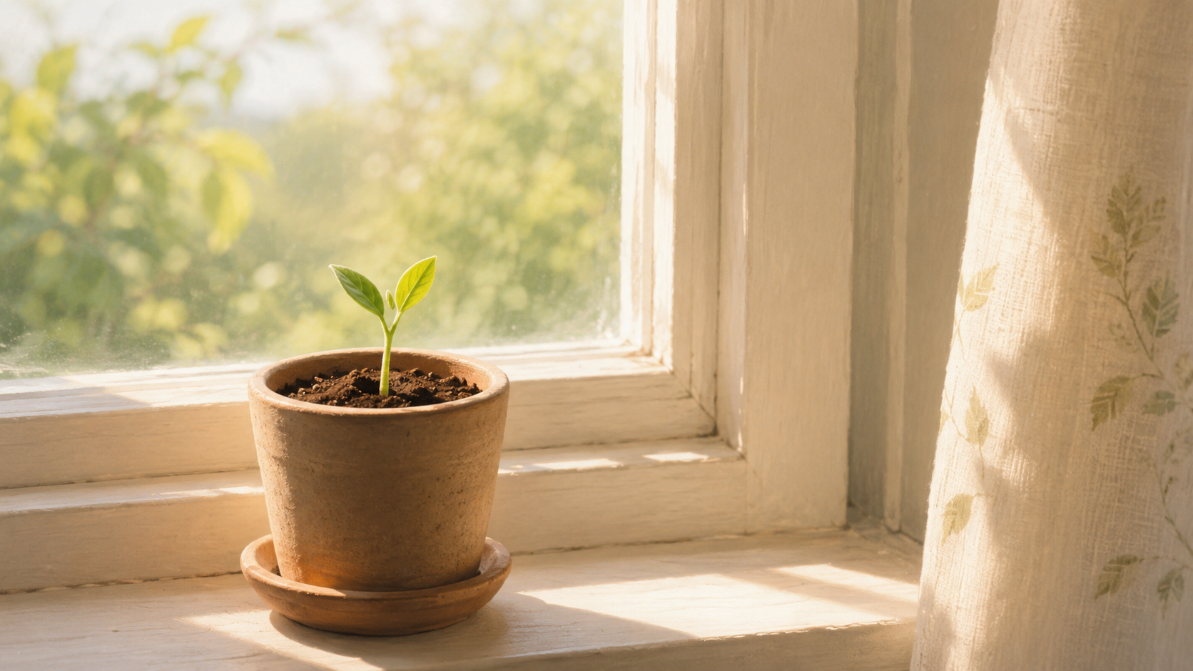 レイキを続けて少しずつ変化が芽吹くことを表す窓辺の植物