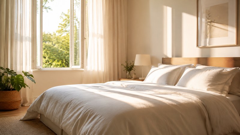 ぐっすり眠れた翌朝の寝室の光|日中の軽さにつながる眠り