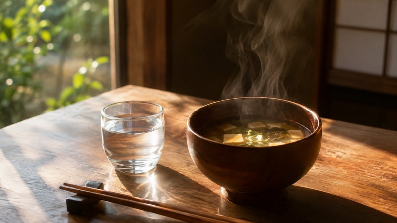 朝日の差し込む食卓と温かい味噌汁と水|自律神経を整える暮らしとヒーリング