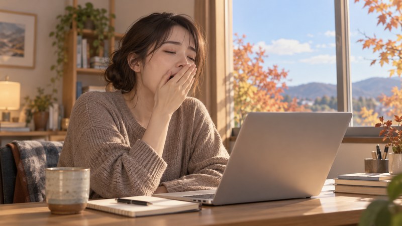 午後のデスクで急な眠気にまぶたが重くなる女性|秋バテの症状とセルフケア