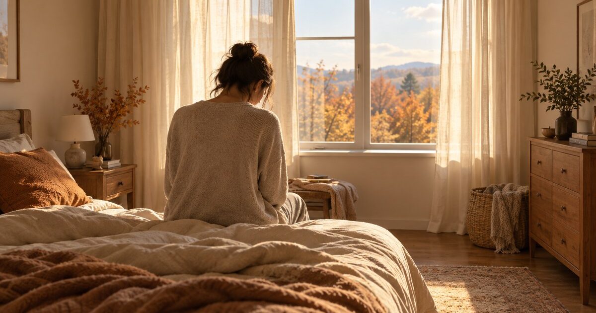 秋の朝、起き上がれずベッドの縁に座る女性｜秋バテのセルフケアとレイキ