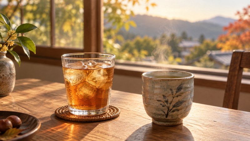 麦茶と温かいお茶が並ぶ窓辺のテーブル|夏バテと秋バテの違い(福岡 レイキ)