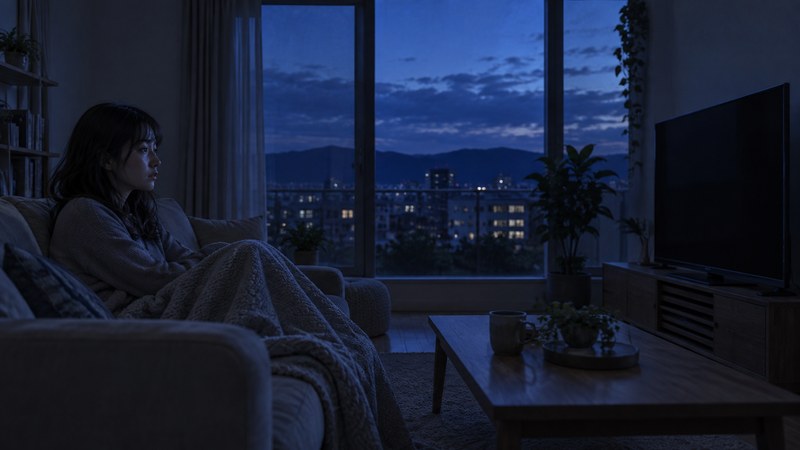 早く暗くなる秋の夕方、ソファでぼんやりする女性|秋の気分の落ち込みとセルフケア