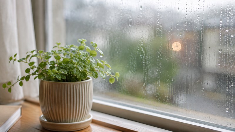 雨の日の窓辺で水滴を受ける観葉植物|天気に敏感な体と心のヒーリング