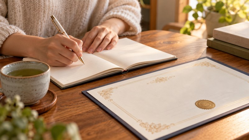レイキの受講証明書を前に、仕事への活かし方を考える福岡の女性の手元